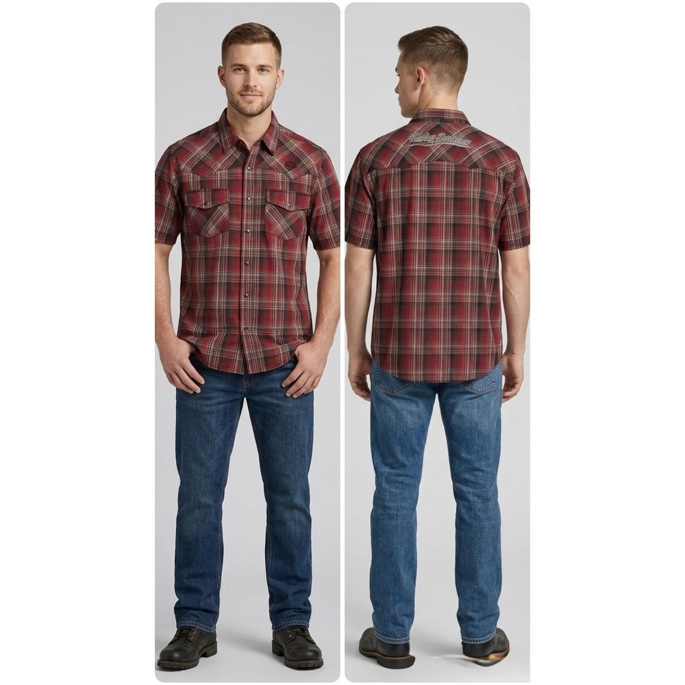 Harley-Davidson Mens Red Black Plaid Short Sleeve Western Snap Shirt 96505-17VM